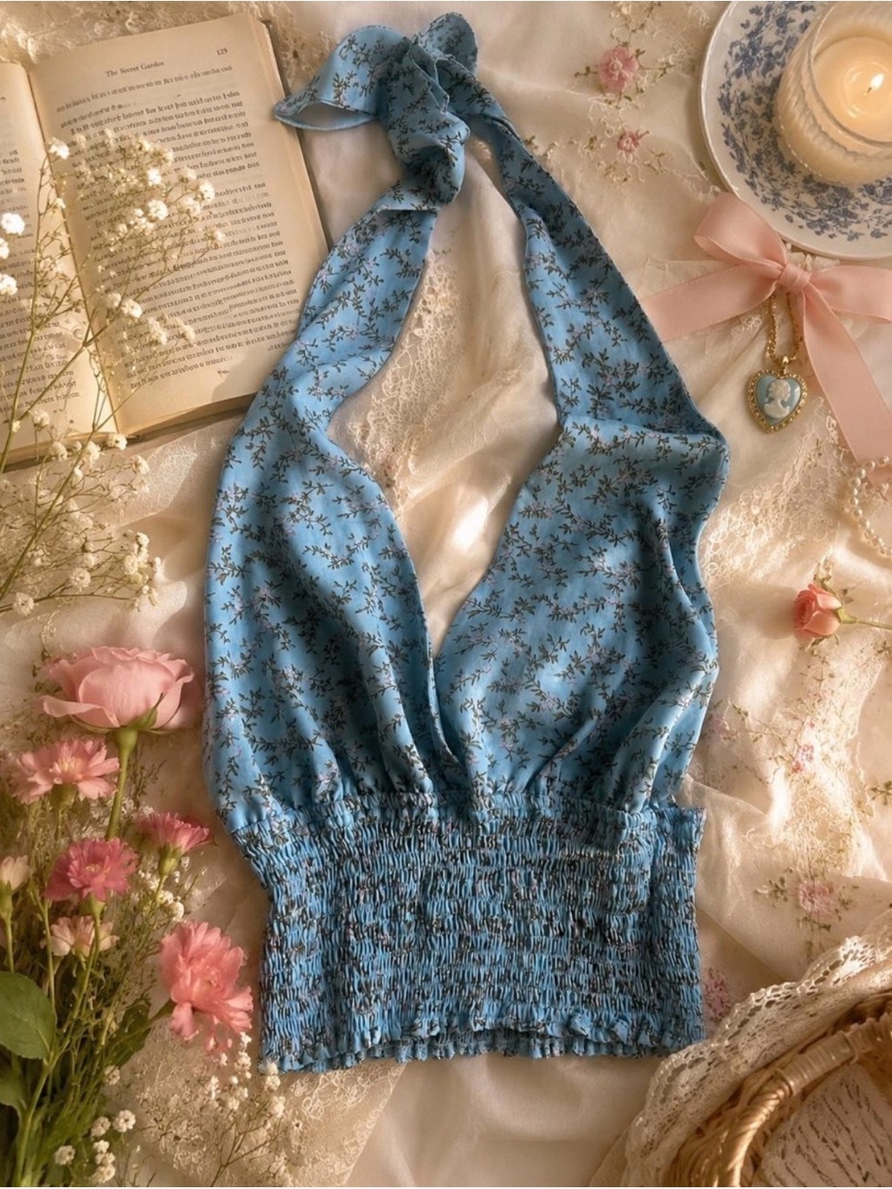 ROMWE Blue Floral Halter Crop Top Size L